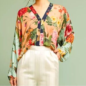 Farm Rio Floral Kimono Top Tie Back V Neckline Mixed Pattern Feminine SZ Small